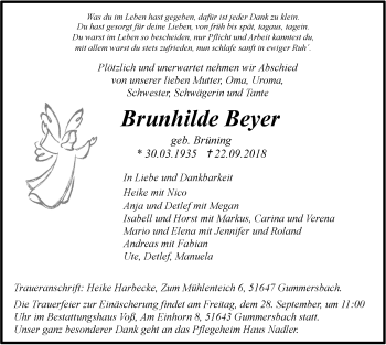 Anzeige von Brunhilde Beyer von  Anzeigen Echo 