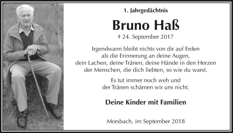  Traueranzeige für Bruno Haß vom 26.09.2018 aus  Lokalanzeiger 