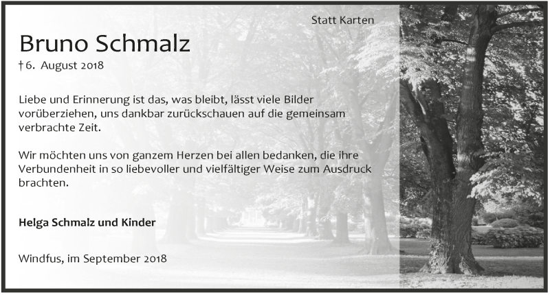  Traueranzeige für Bruno Schmalz vom 26.09.2018 aus  Anzeigen Echo 