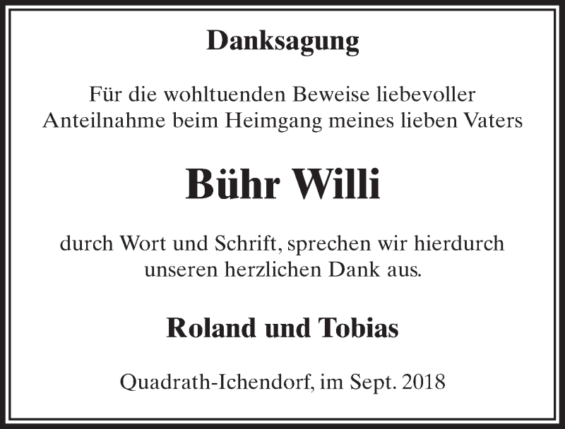  Traueranzeige für Bühr Willi vom 19.09.2018 aus  Werbepost 