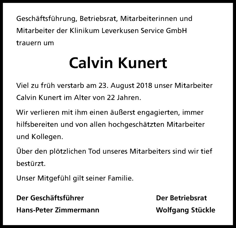  Traueranzeige für Calvin Kunert vom 08.09.2018 aus Kölner Stadt-Anzeiger / Kölnische Rundschau / Express