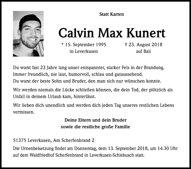  Traueranzeige für Calvin Max Kunert vom 08.09.2018 aus Kölner Stadt-Anzeiger / Kölnische Rundschau / Express