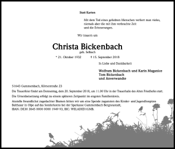 Anzeige von Christa Bickenbach von Kölner Stadt-Anzeiger / Kölnische Rundschau / Express
