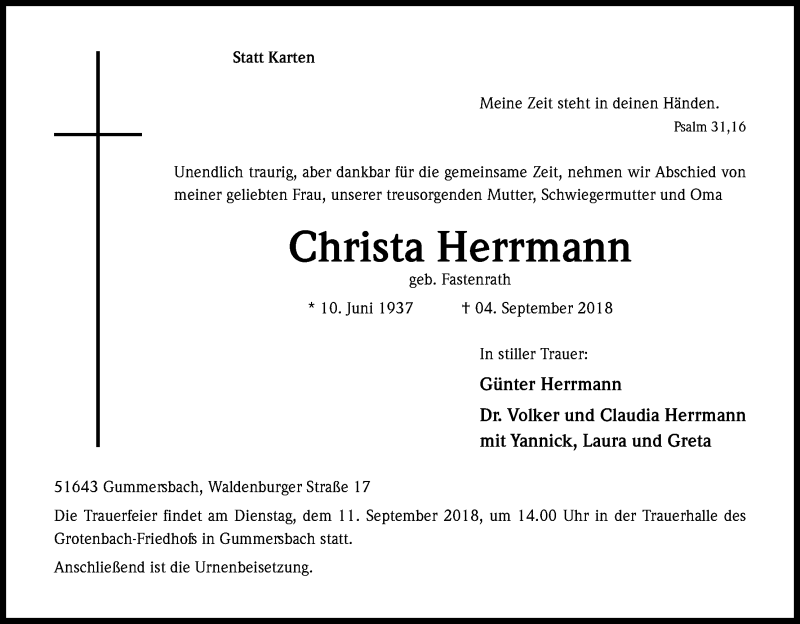  Traueranzeige für Christa Herrmann vom 08.09.2018 aus Kölner Stadt-Anzeiger / Kölnische Rundschau / Express