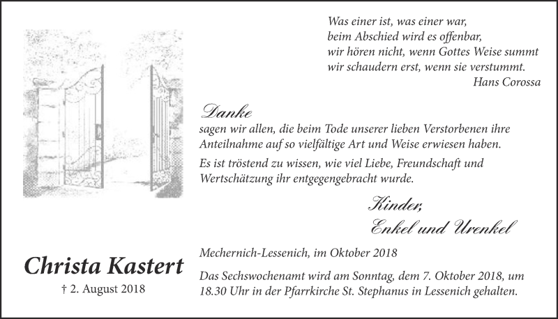 Traueranzeige für Christa Kastert vom 29.09.2018 aus  Blickpunkt Euskirchen 