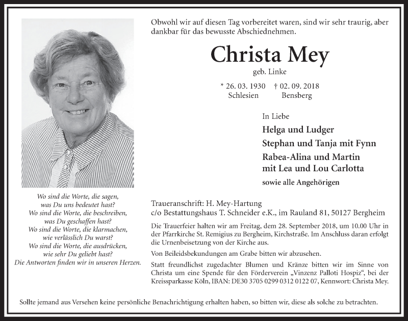  Traueranzeige für Christa Mey vom 22.09.2018 aus  Sonntags-Post 