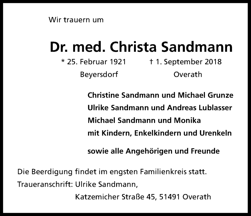  Traueranzeige für Christa Sandmann vom 05.09.2018 aus Kölner Stadt-Anzeiger / Kölnische Rundschau / Express