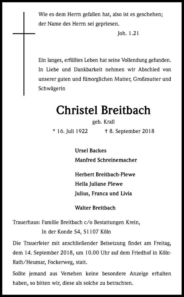  Traueranzeige für Christel Breitbach vom 12.09.2018 aus Kölner Stadt-Anzeiger / Kölnische Rundschau / Express