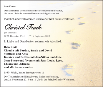 Anzeige von Christel Funk von Kölner Stadt-Anzeiger / Kölnische Rundschau / Express