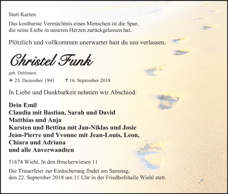  Traueranzeige für Christel Funk vom 19.09.2018 aus Kölner Stadt-Anzeiger / Kölnische Rundschau / Express