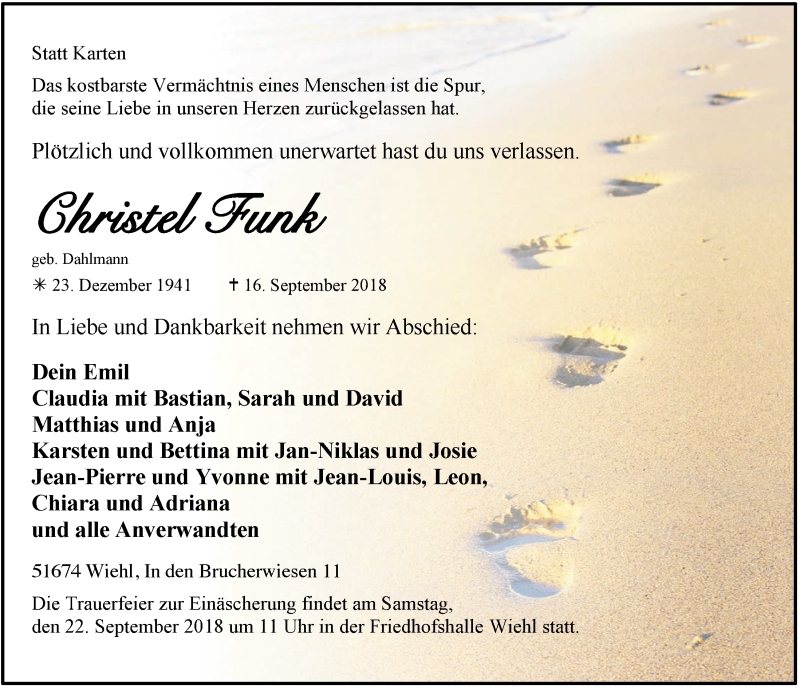 Traueranzeige für Christel Funk vom 19.09.2018 aus  Anzeigen Echo 