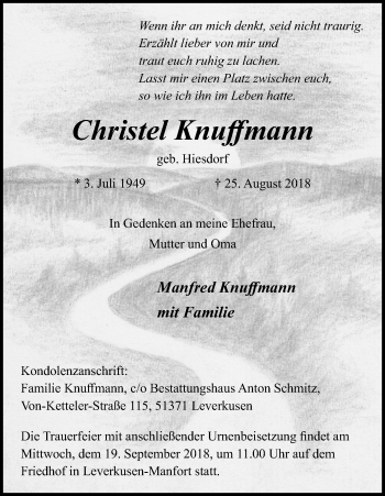Anzeige von Christel Knuffmann von Kölner Stadt-Anzeiger / Kölnische Rundschau / Express