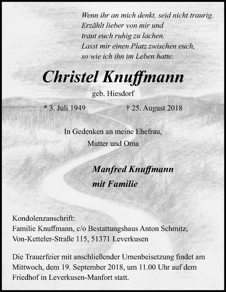  Traueranzeige für Christel Knuffmann vom 08.09.2018 aus Kölner Stadt-Anzeiger / Kölnische Rundschau / Express