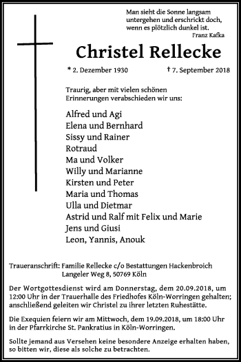 Anzeige von Christel Rellecke von Kölner Stadt-Anzeiger / Kölnische Rundschau / Express