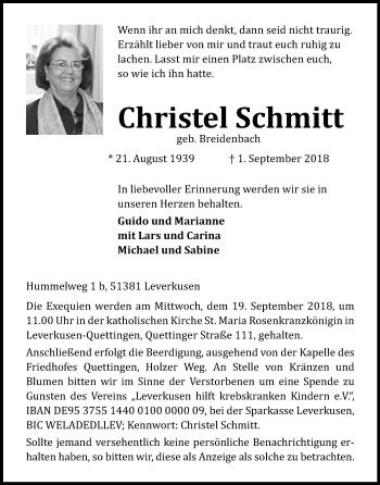 Anzeige von Christel Schmitt von Kölner Stadt-Anzeiger / Kölnische Rundschau / Express