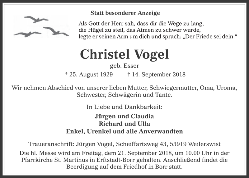  Traueranzeige für Christel Vogel vom 19.09.2018 aus  Werbepost 