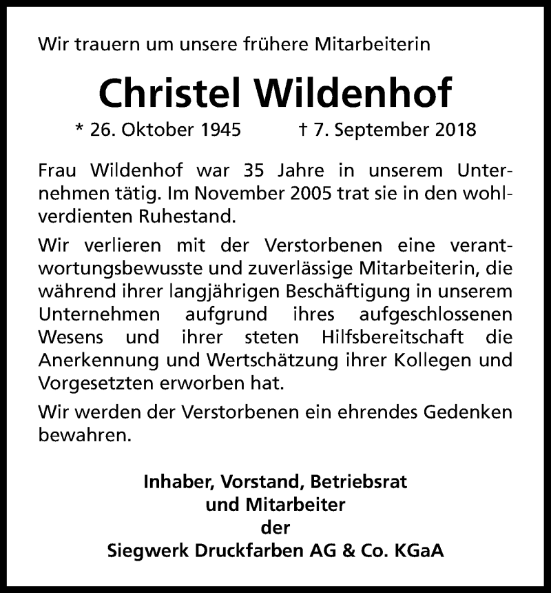  Traueranzeige für Christel Wildenhof vom 20.09.2018 aus Kölner Stadt-Anzeiger / Kölnische Rundschau / Express
