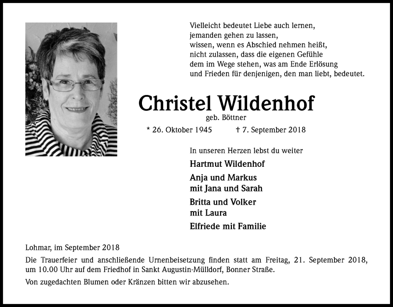  Traueranzeige für Christel Wildenhof vom 15.09.2018 aus Kölner Stadt-Anzeiger / Kölnische Rundschau / Express