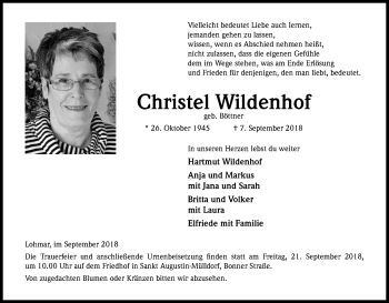 Anzeige von Christel Wildenhof von Kölner Stadt-Anzeiger / Kölnische Rundschau / Express