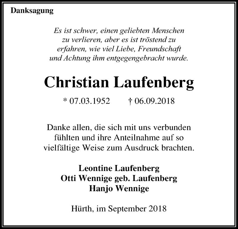  Traueranzeige für Christian Laufenberg vom 22.09.2018 aus Kölner Stadt-Anzeiger / Kölnische Rundschau / Express