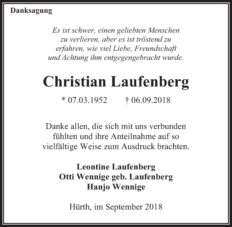  Traueranzeige für Christian Laufenberg vom 26.09.2018 aus  Wochenende 