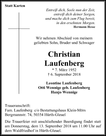 Anzeige von Christian Laufenberg von Kölner Stadt-Anzeiger / Kölnische Rundschau / Express