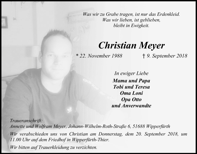  Traueranzeige für Christian Meyer vom 18.09.2018 aus Kölner Stadt-Anzeiger / Kölnische Rundschau / Express