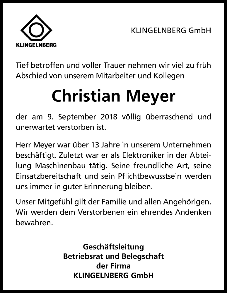 Traueranzeige für Christian Meyer vom 20.09.2018 aus Kölner Stadt-Anzeiger / Kölnische Rundschau / Express