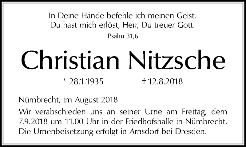  Traueranzeige für Christian Nitzsche vom 05.09.2018 aus  Lokalanzeiger 