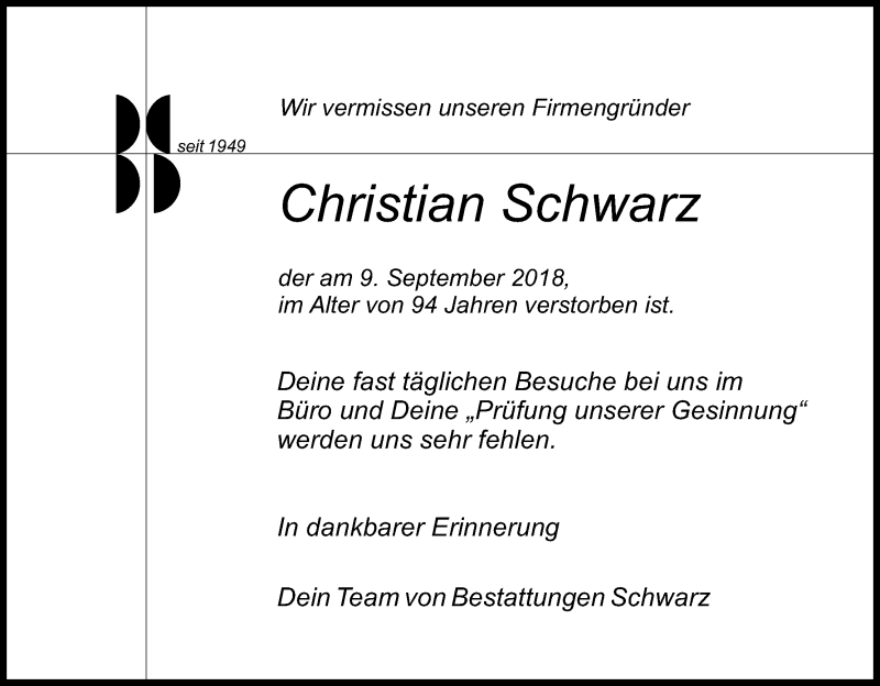  Traueranzeige für Christian Schwarz vom 12.09.2018 aus Kölner Stadt-Anzeiger / Kölnische Rundschau / Express