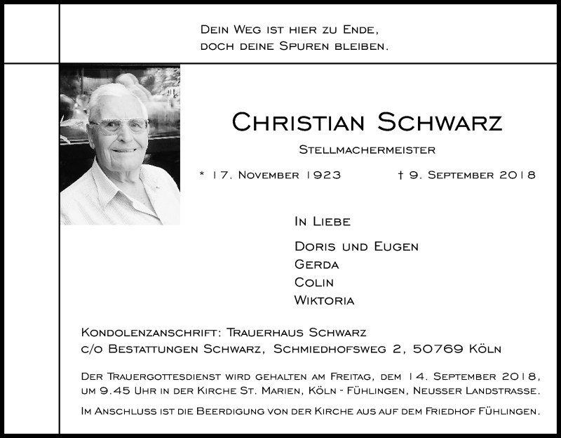  Traueranzeige für Christian Schwarz vom 12.09.2018 aus Kölner Stadt-Anzeiger / Kölnische Rundschau / Express