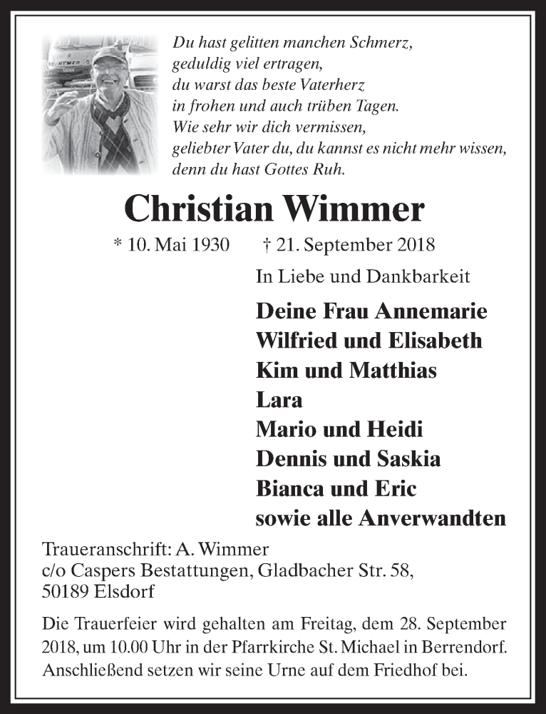  Traueranzeige für Christian Wimmer vom 26.09.2018 aus  Werbepost 