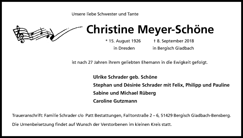  Traueranzeige für Christine Meyer-Schöne vom 14.09.2018 aus Kölner Stadt-Anzeiger / Kölnische Rundschau / Express