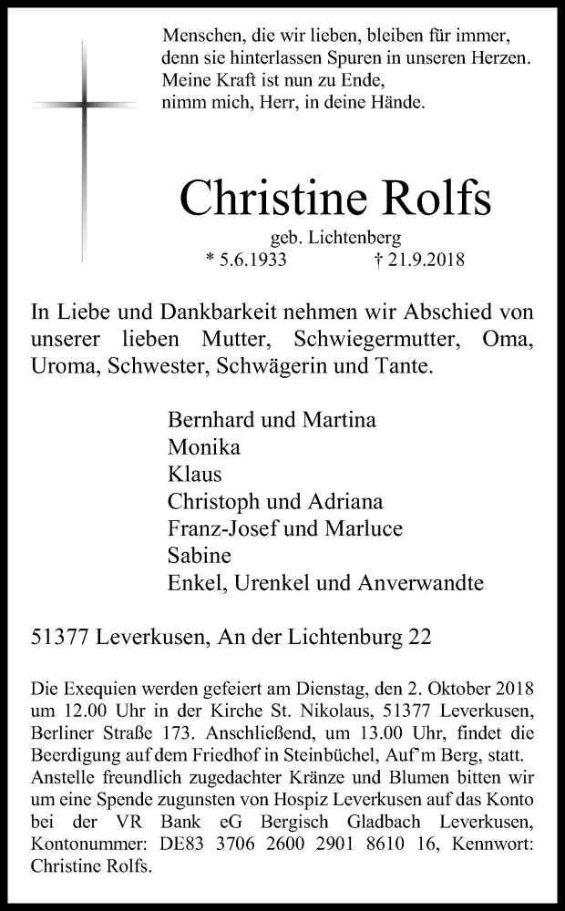  Traueranzeige für Christine Rolfs vom 29.09.2018 aus Kölner Stadt-Anzeiger / Kölnische Rundschau / Express