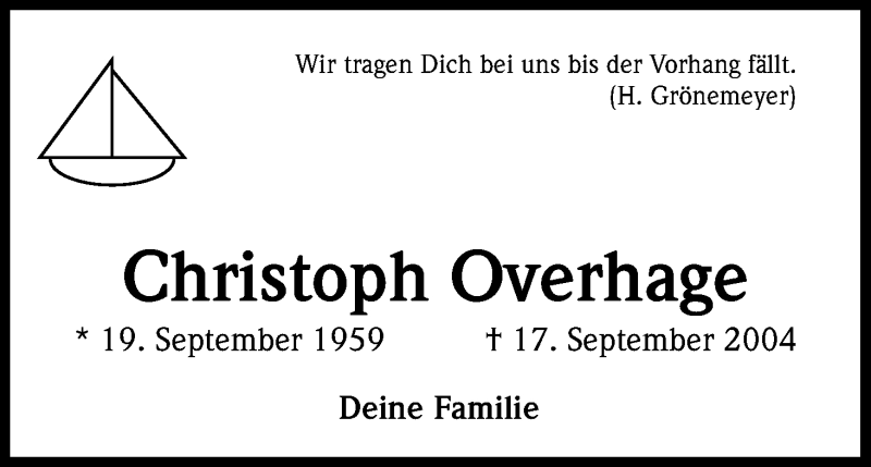  Traueranzeige für Christoph Overhage vom 19.09.2018 aus Kölner Stadt-Anzeiger / Kölnische Rundschau / Express