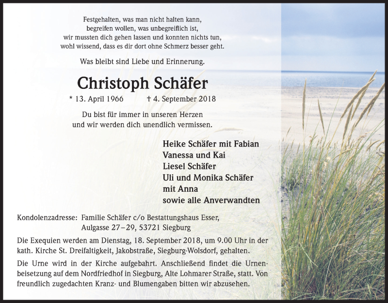  Traueranzeige für Christoph Schäfer vom 14.09.2018 aus Kölner Stadt-Anzeiger / Kölnische Rundschau / Express