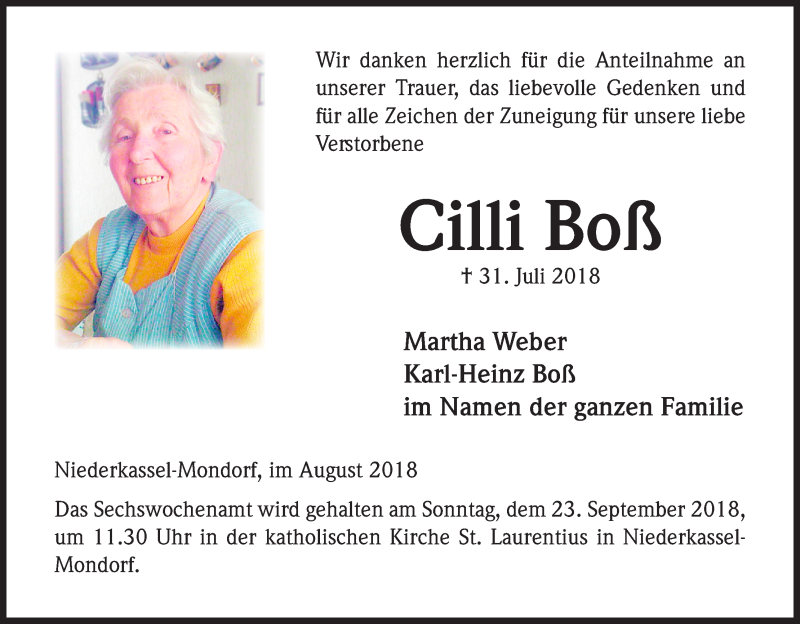  Traueranzeige für Cilli Boß vom 15.09.2018 aus Kölner Stadt-Anzeiger / Kölnische Rundschau / Express