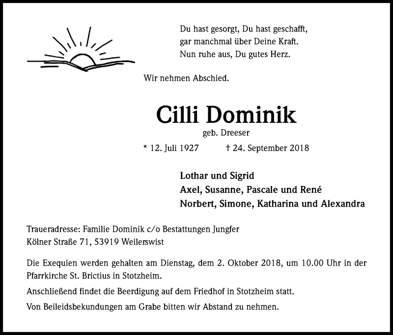  Traueranzeige für Cilli Dominik vom 29.09.2018 aus Kölner Stadt-Anzeiger / Kölnische Rundschau / Express