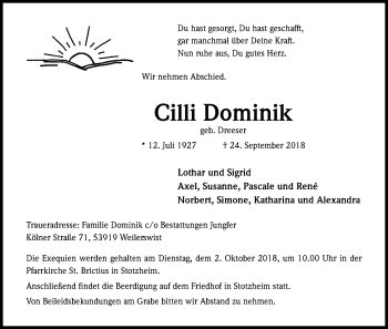 Anzeige von Cilli Dominik von Kölner Stadt-Anzeiger / Kölnische Rundschau / Express