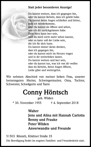 Anzeige von Conny Höntsch von Kölner Stadt-Anzeiger / Kölnische Rundschau / Express