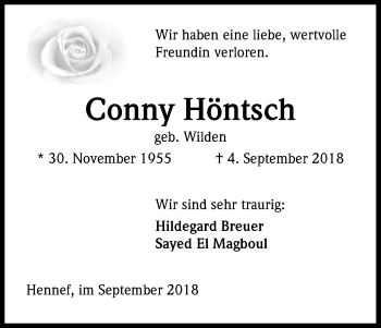 Anzeige von Conny Höntsch von Kölner Stadt-Anzeiger / Kölnische Rundschau / Express