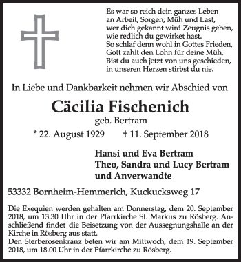 Anzeige von Cäcilia Fischenich von  Schlossbote/Werbekurier 