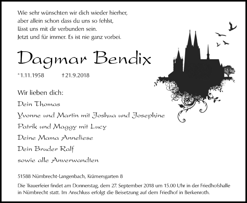  Traueranzeige für Dagmar Bendix vom 26.09.2018 aus  Lokalanzeiger 