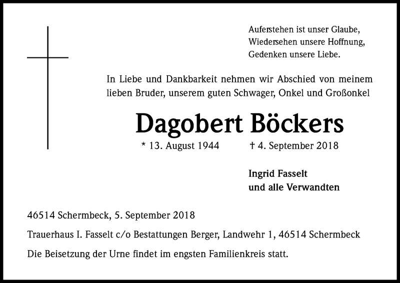  Traueranzeige für Dagobert Böckers vom 07.09.2018 aus Kölner Stadt-Anzeiger / Kölnische Rundschau / Express