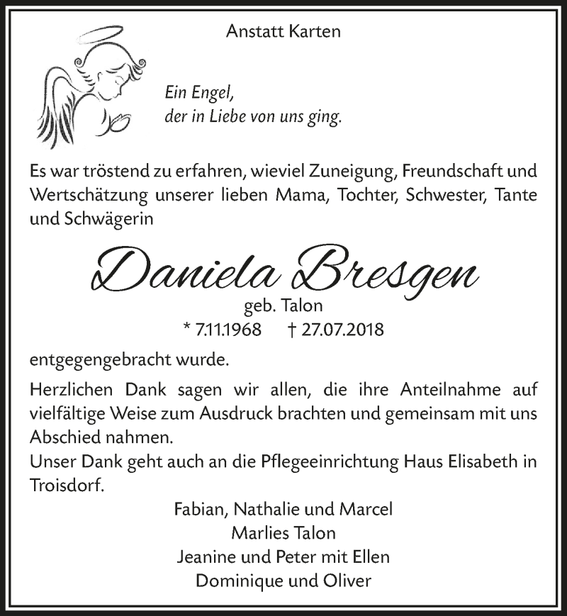  Traueranzeige für Daniela Bresgen vom 05.09.2018 aus  Extra Blatt 