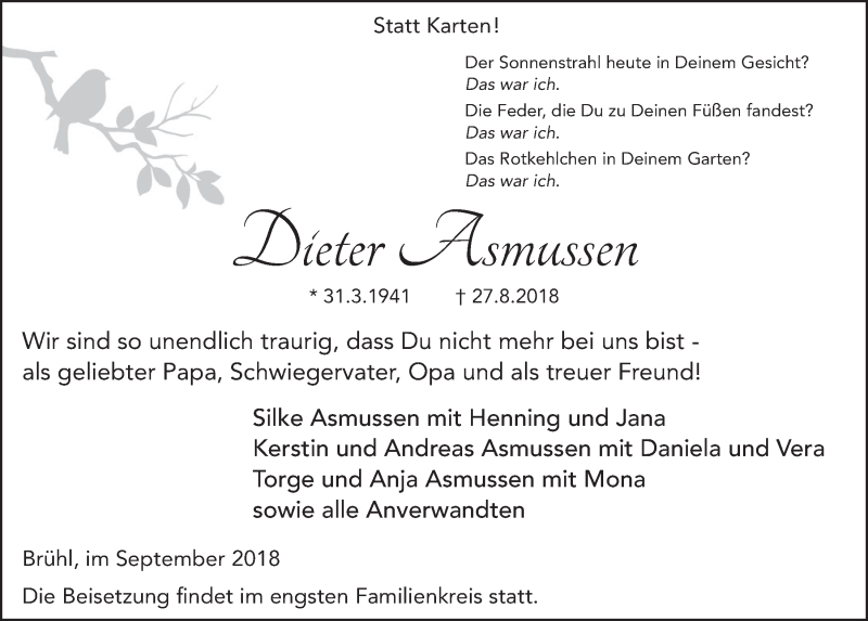  Traueranzeige für Dieter Asmussen vom 12.09.2018 aus  Schlossbote/Werbekurier 