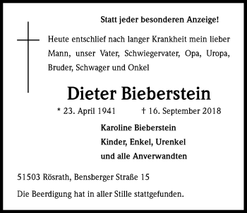 Anzeige von Dieter Bieberstein von Kölner Stadt-Anzeiger / Kölnische Rundschau / Express