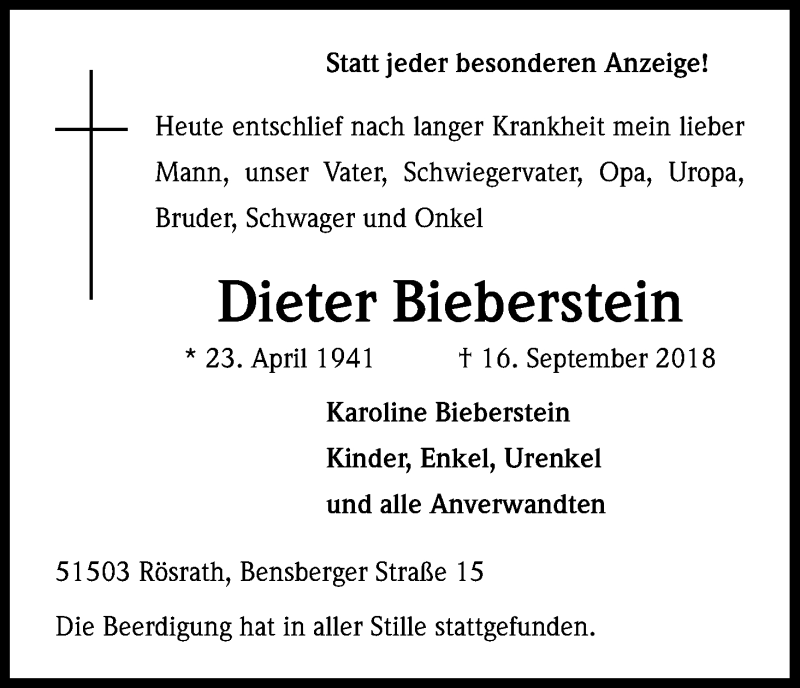  Traueranzeige für Dieter Bieberstein vom 29.09.2018 aus Kölner Stadt-Anzeiger / Kölnische Rundschau / Express