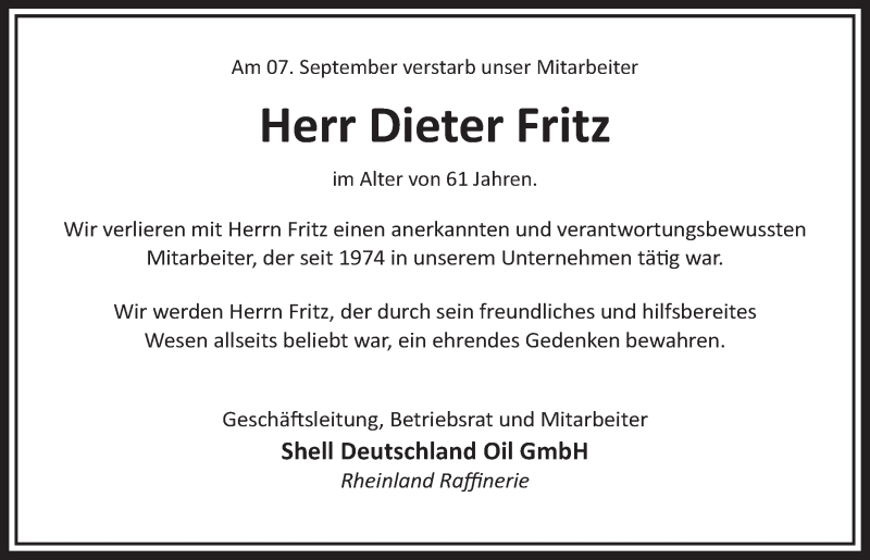  Traueranzeige für Dieter Fritz vom 19.09.2018 aus  Schlossbote/Werbekurier 