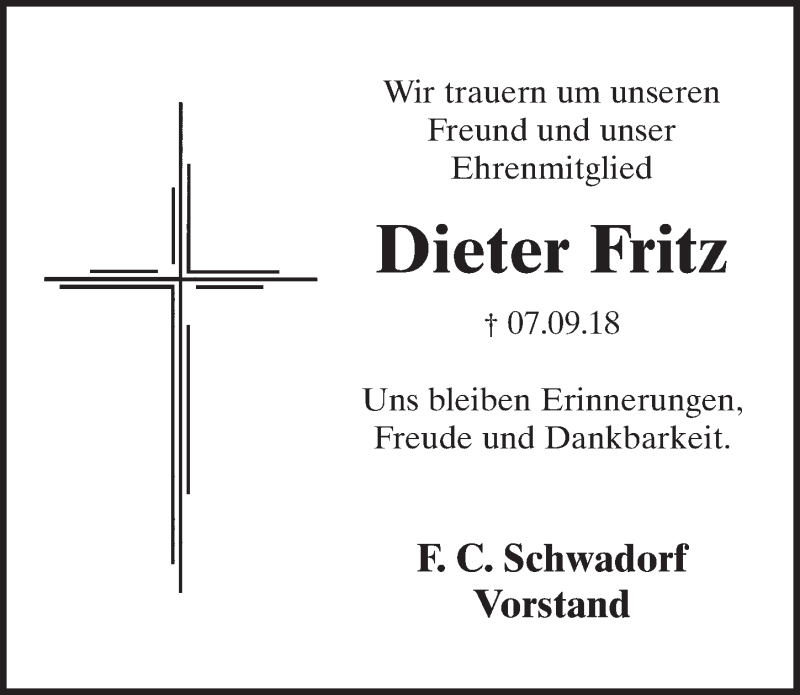  Traueranzeige für Dieter Fritz vom 19.09.2018 aus  Schlossbote/Werbekurier 